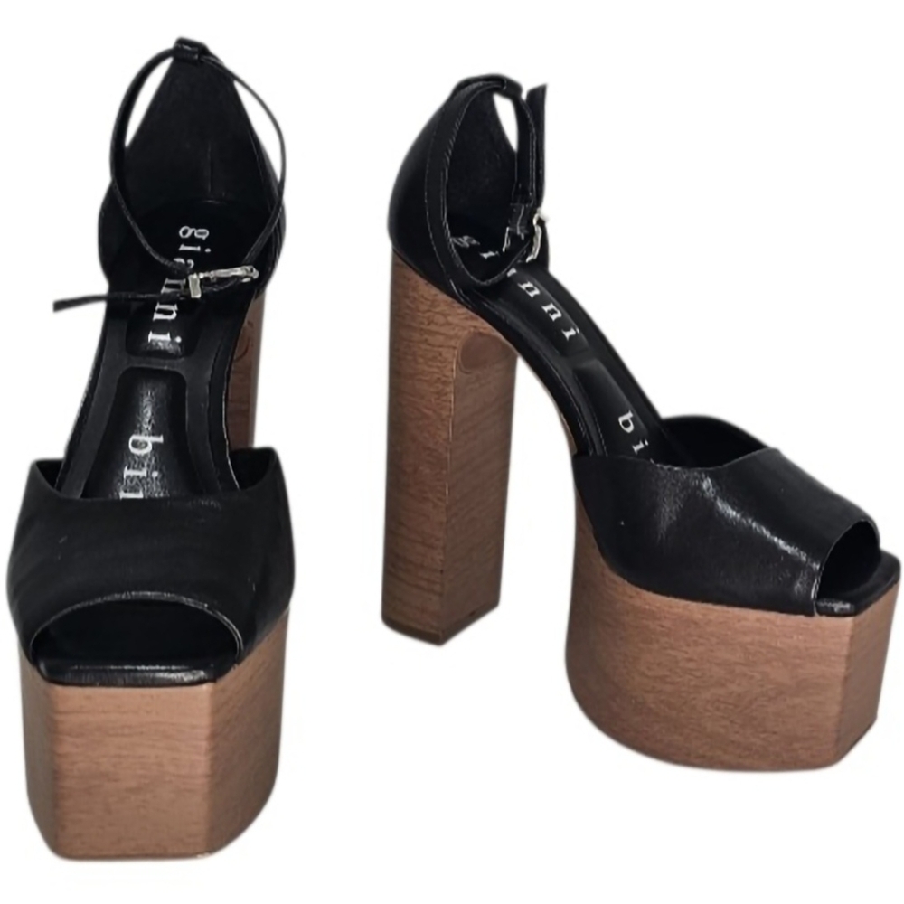 NWT. Gianni Bini Fenix  Woodgrain Peep Toe Pumps Heels Size 6 Black/ Brown